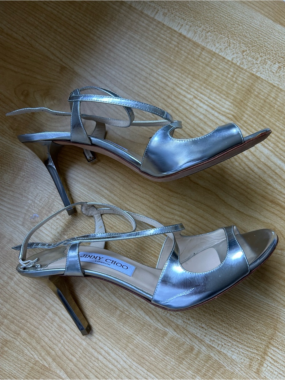 Jimmy Choo Waine Silver Metallic Leather Strappy Sandals Heels 38.5 US 8.5